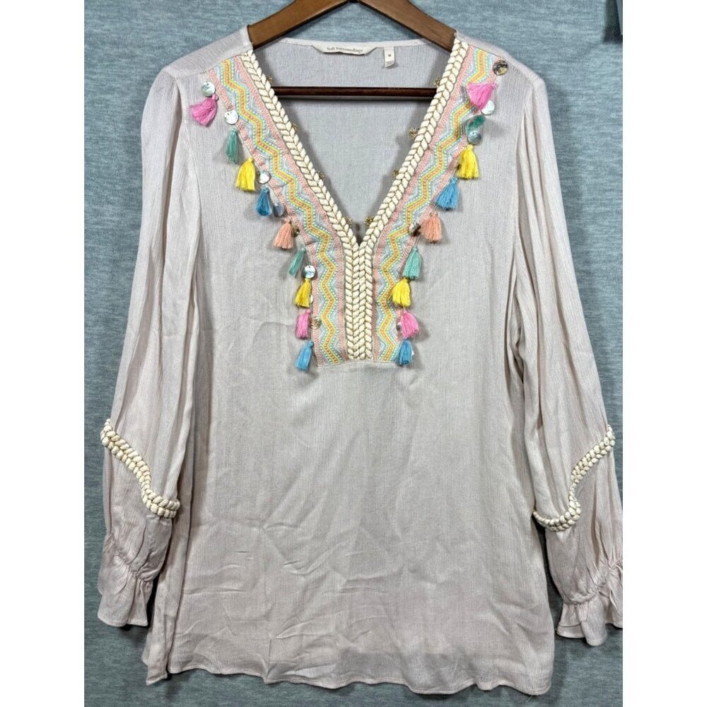 Soft Surroundings Tassel Embroidered V-Neck Blouse M Beige‎ boho